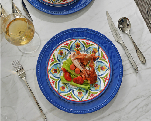 أطقم أواني طعام من الميلامين، طقم أطباق مكون من 12 قطعة لـ 4 أشخاص، أطقم أطباق وأطباق أواني طعام خارجية، آمنة للاستخدام في غسالة الأطباق وخالية من مادة BPA (Re